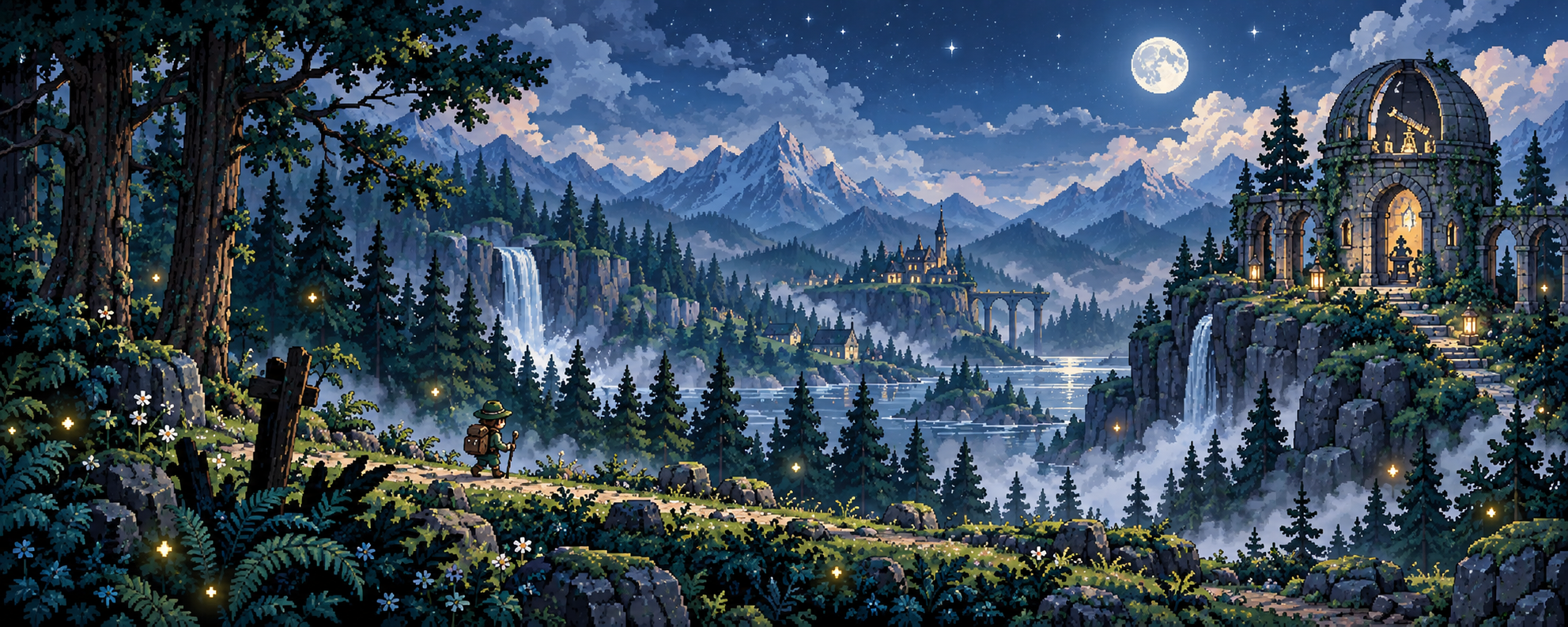 Whisperwood’s moonlit forest valley and winding river