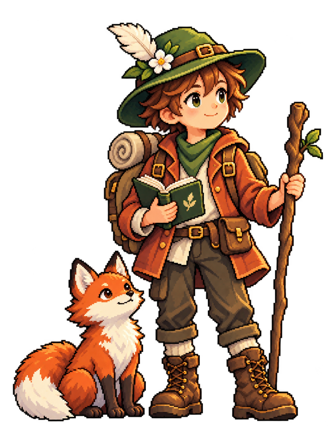 A pixel-art traveler and Sunmeadow Fox setting off together